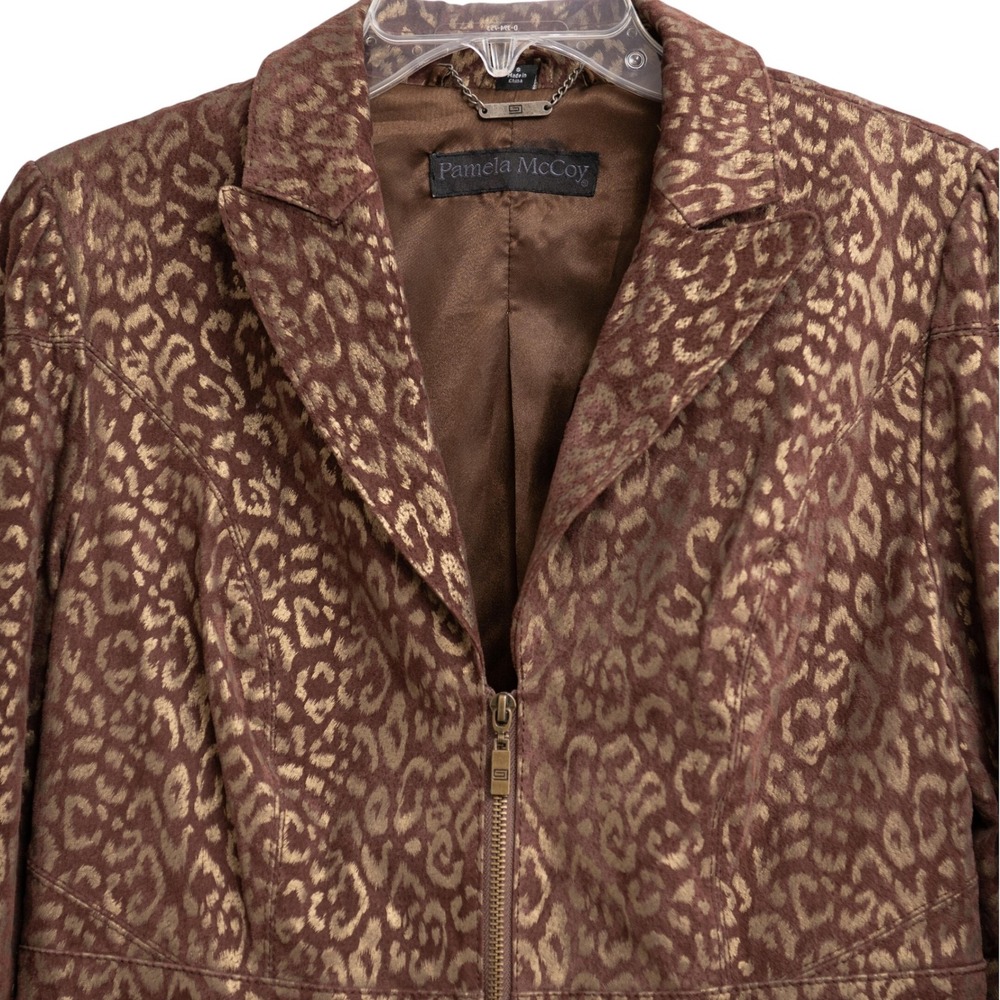 Pamela McCoy Metallic Gold Leopard Print Suede Blazer Jacket Glam Mob Wife Luxe